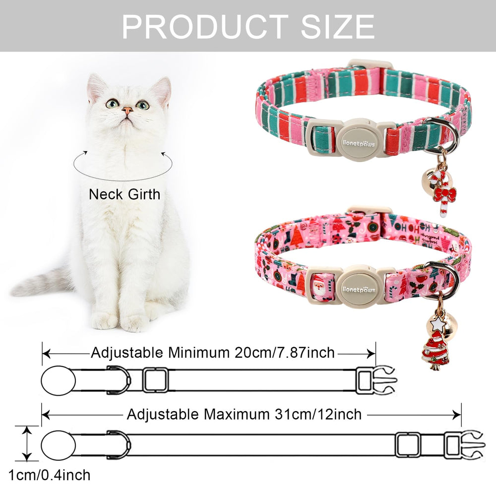 Lionet Paws adjustable cat collar shows size range for kittens to adults.