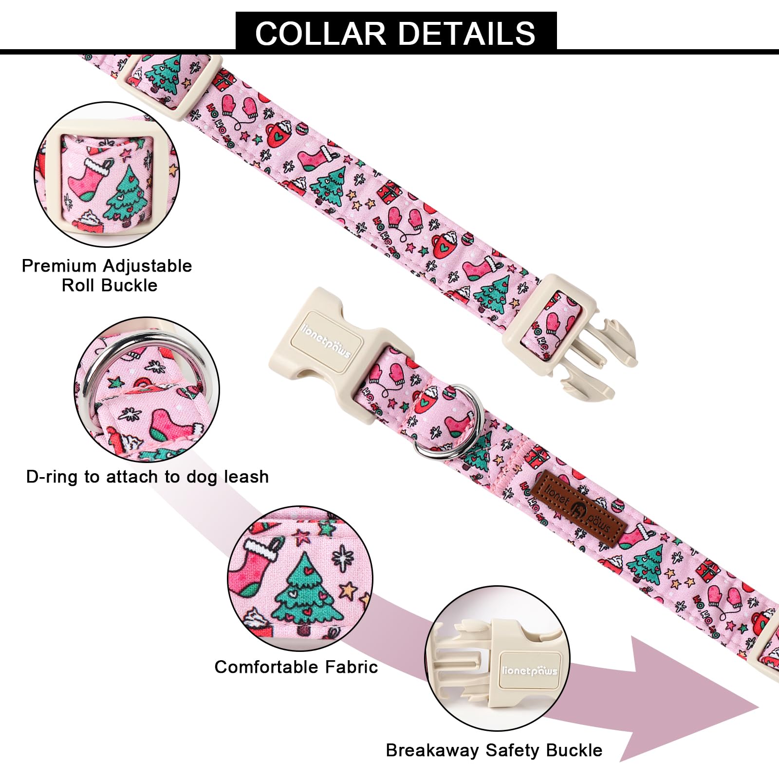 Lionet Paws festive pink collar showing unique holiday pattern
