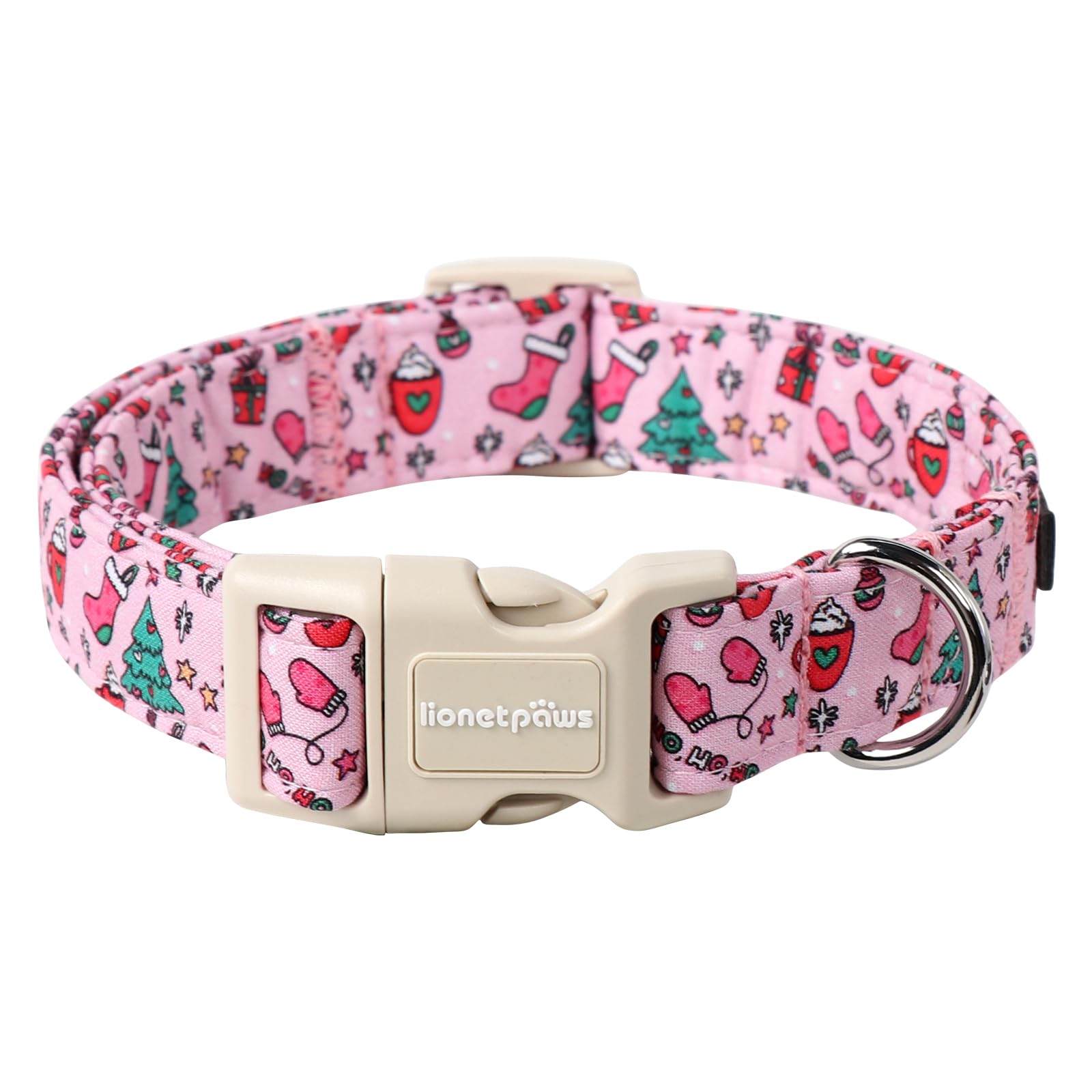 Lionet Paws Christmas pink dog collar with quick-release buckle for easy on/off
