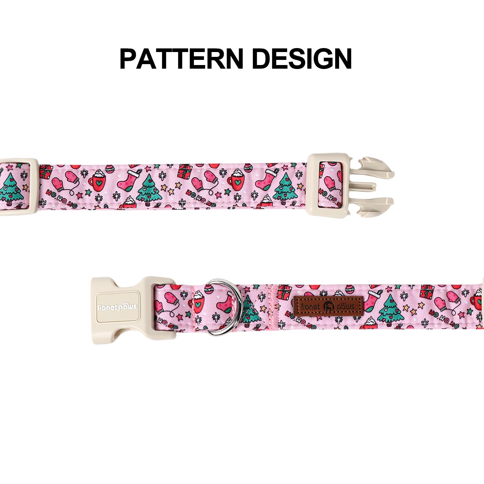 Lionet Paws festive pink collar worn by dog during holiday strolls