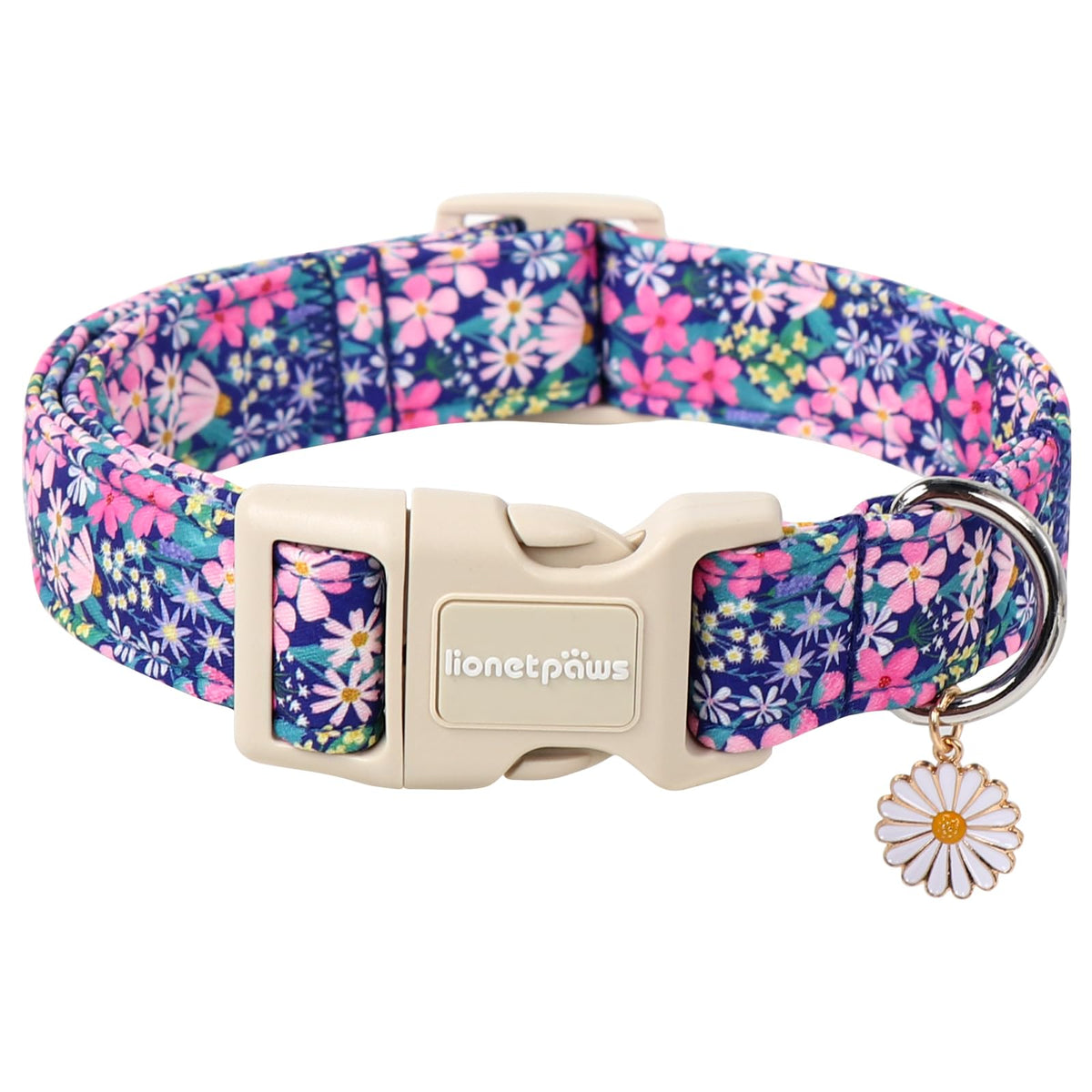 Lionet Paws floral dog collar pattern closeup showing spring daisies for a cheerful look