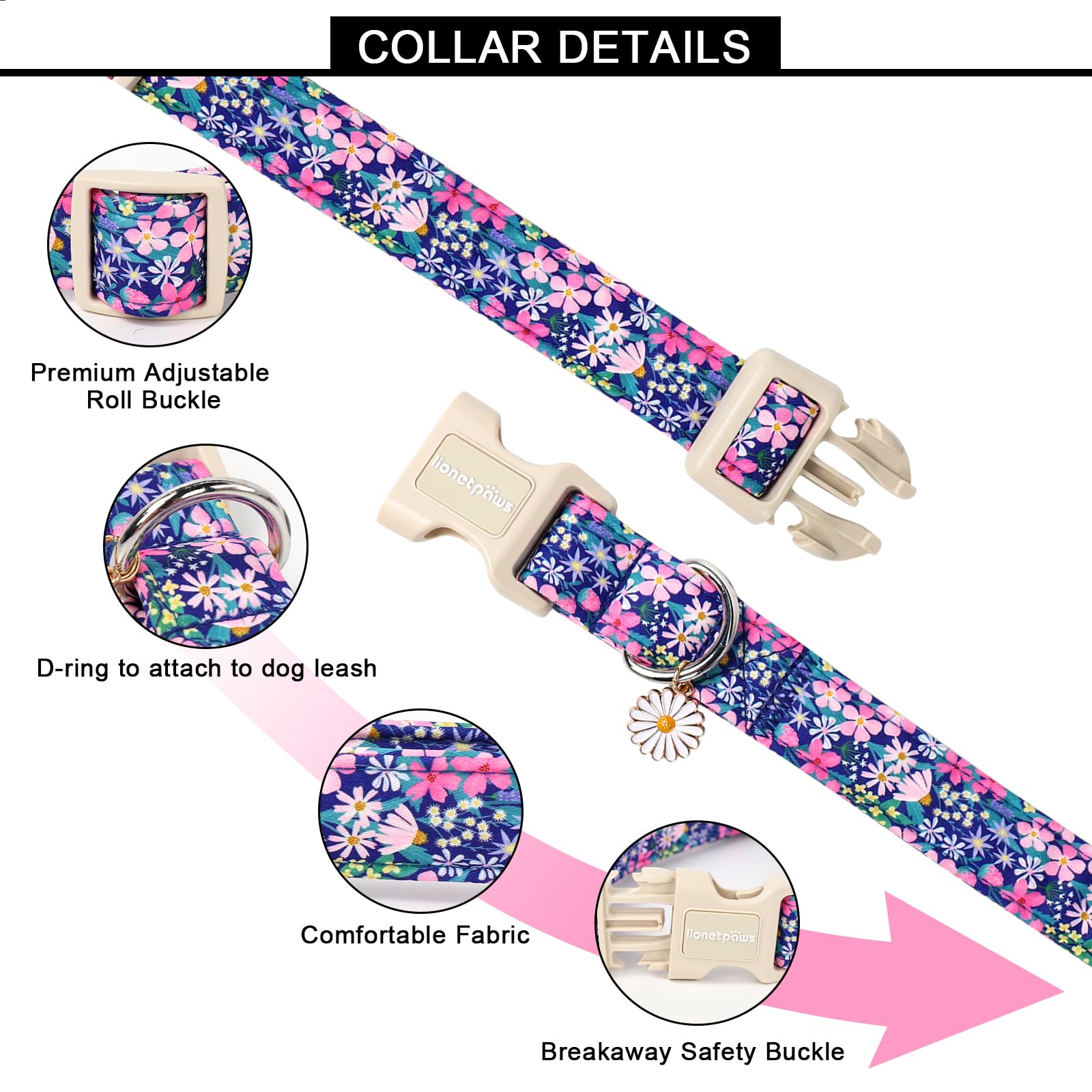 Lionet Paws floral dog collar with plastic buckle for quick on/off and secure fit