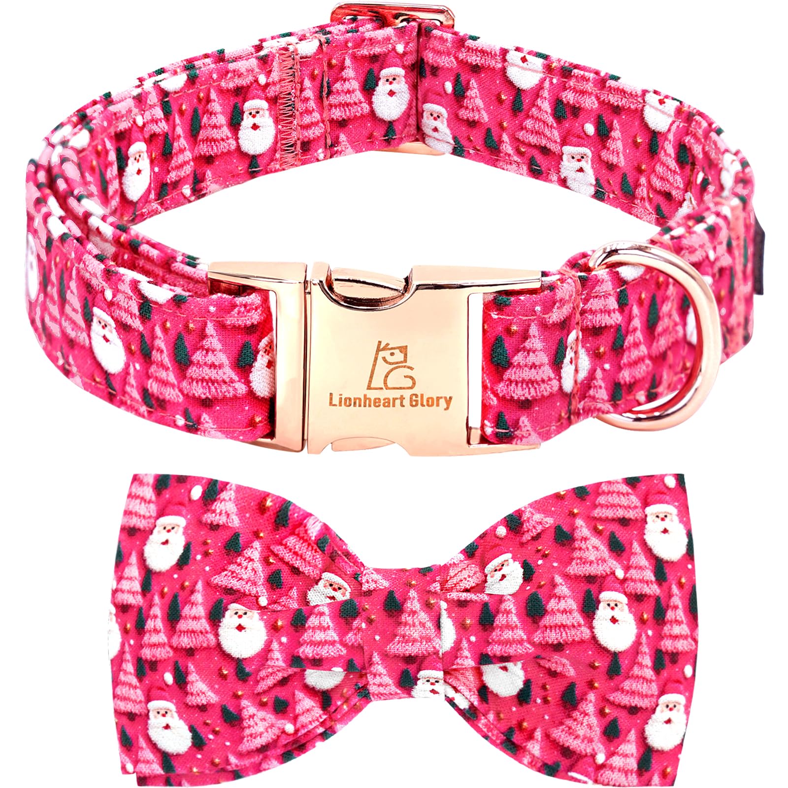 Lionheart Glory Christmas dog bow collar pink with christmas tree motif for festive small-dog style