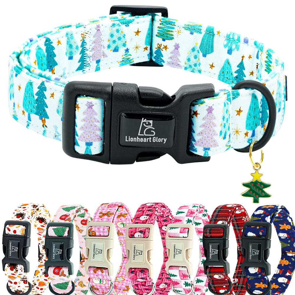 Lionheart Glory Christmas dog collar blue tree closeup highlights festive pattern for holiday photos