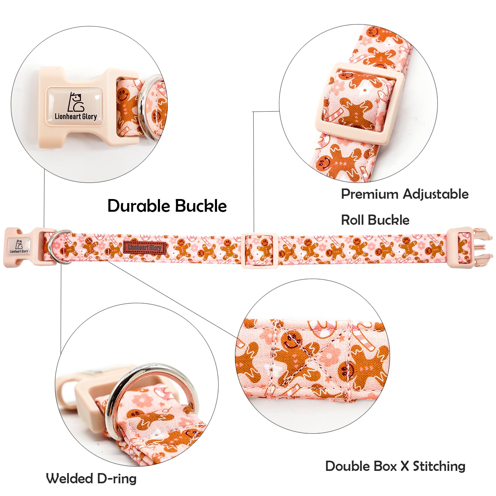 Lionheart glory Christmas dog collar pink design emphasizes soft material and stylish look.