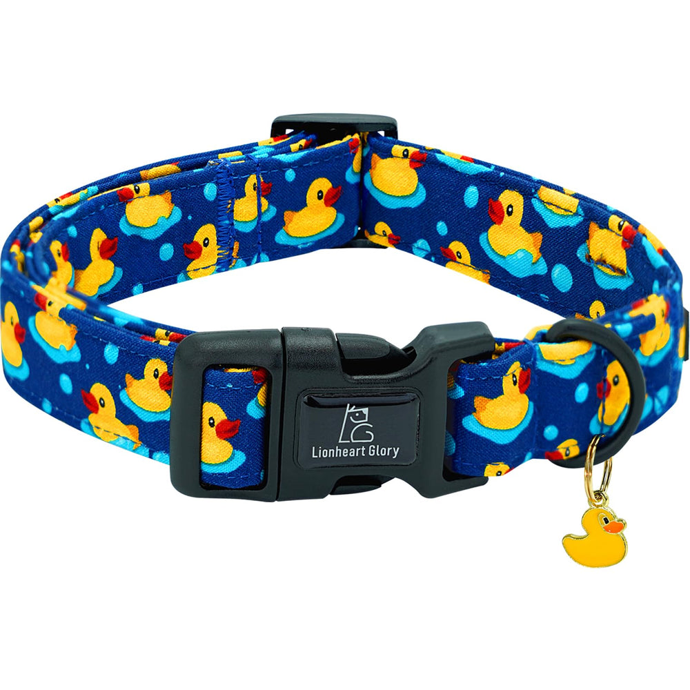 Lionheart glory ducky-pattern dog collar closeup, soft cotton for comfy daily wear.