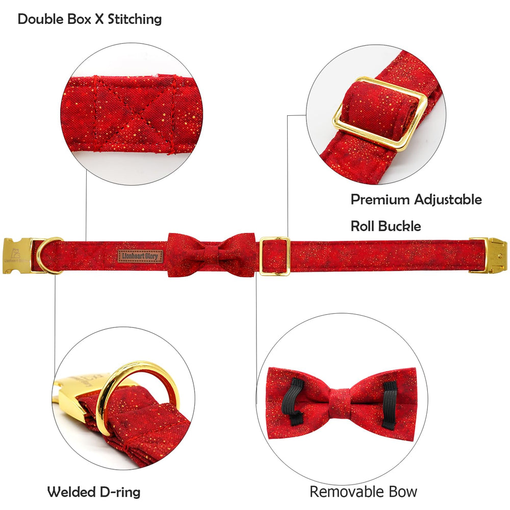 Lionheart Glory dog collar red bow flatlay highlighting adjustable strap and festive style