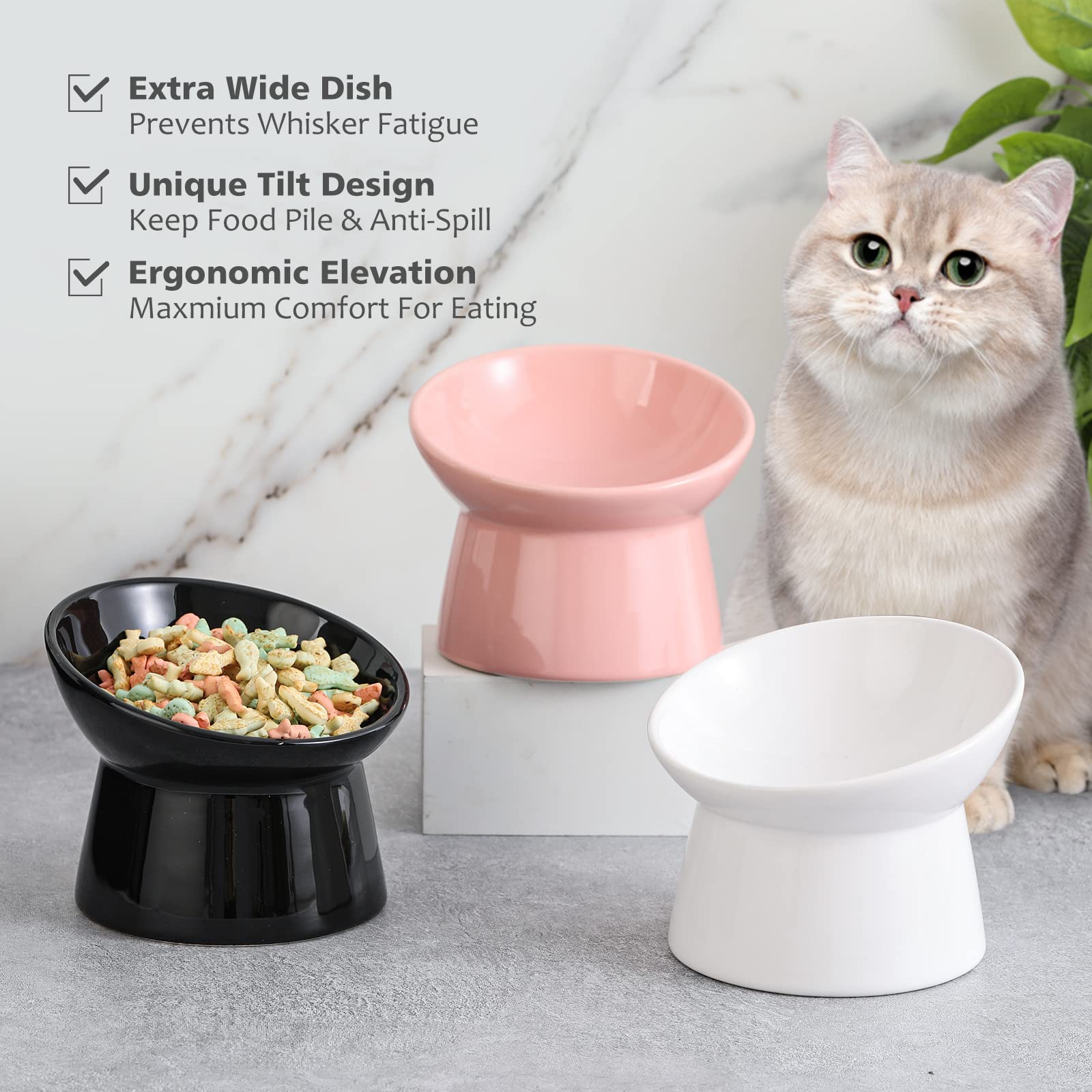 LIONWEI raised ceramic cat bowls microwave-safe label indicates quick reheats and easy care.