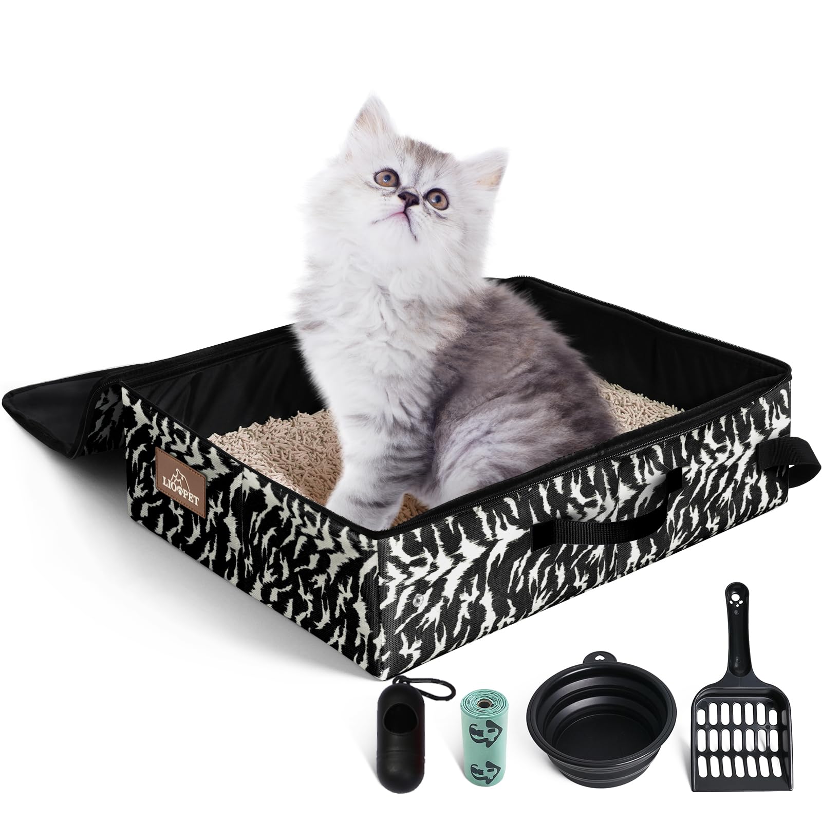 LIOOPET portable-litter-box-collapsible-with-lid for easy car travel and odor containment.