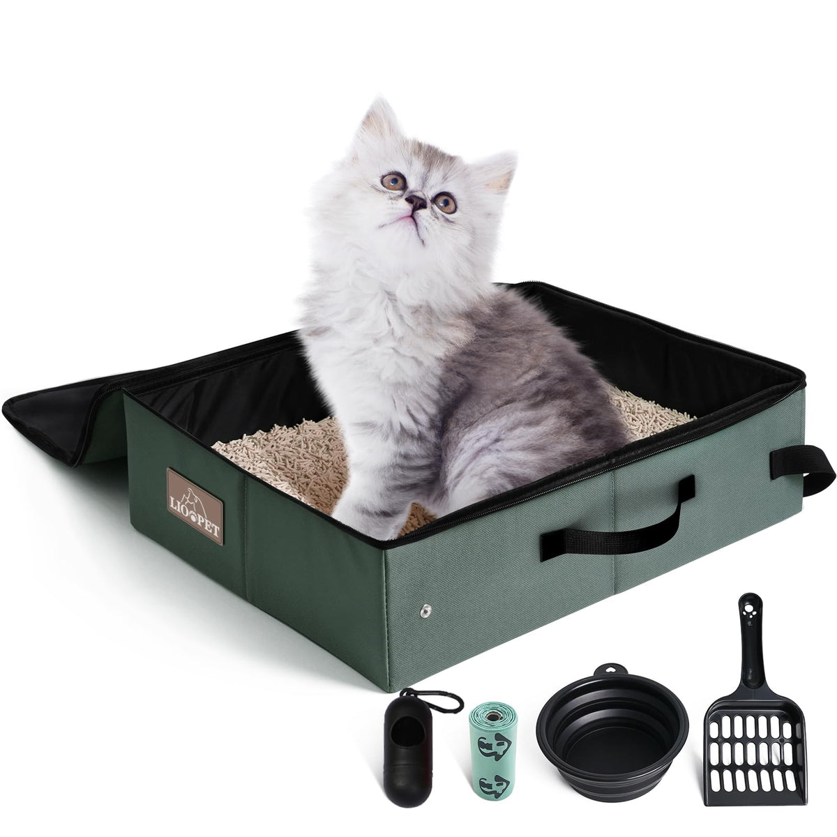 LIOOPET portable litter box with lid closed, showing odor-control design.