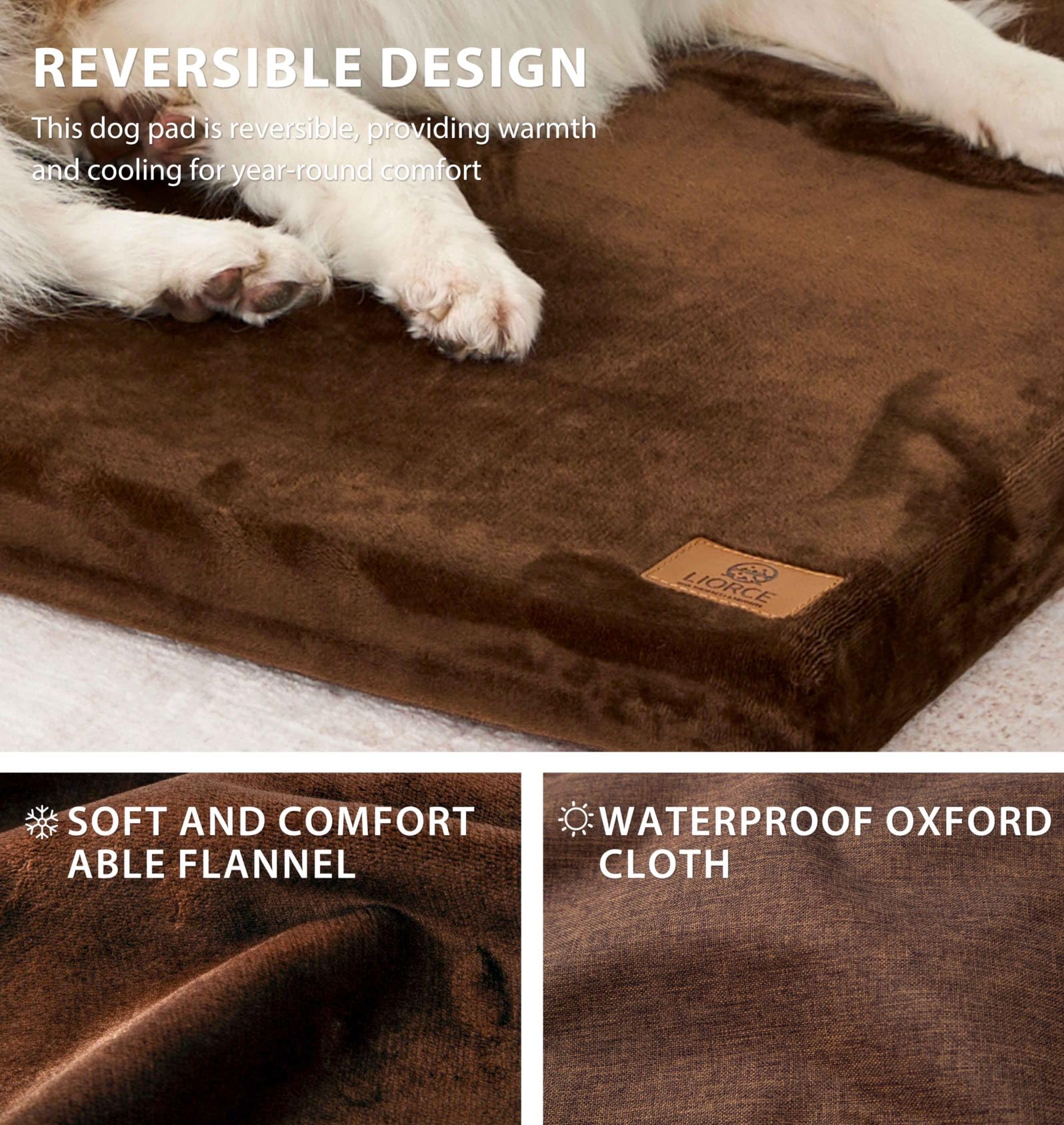 LIORCE crate pad flannel surface emphasizes warm, comfortable all-season use.
