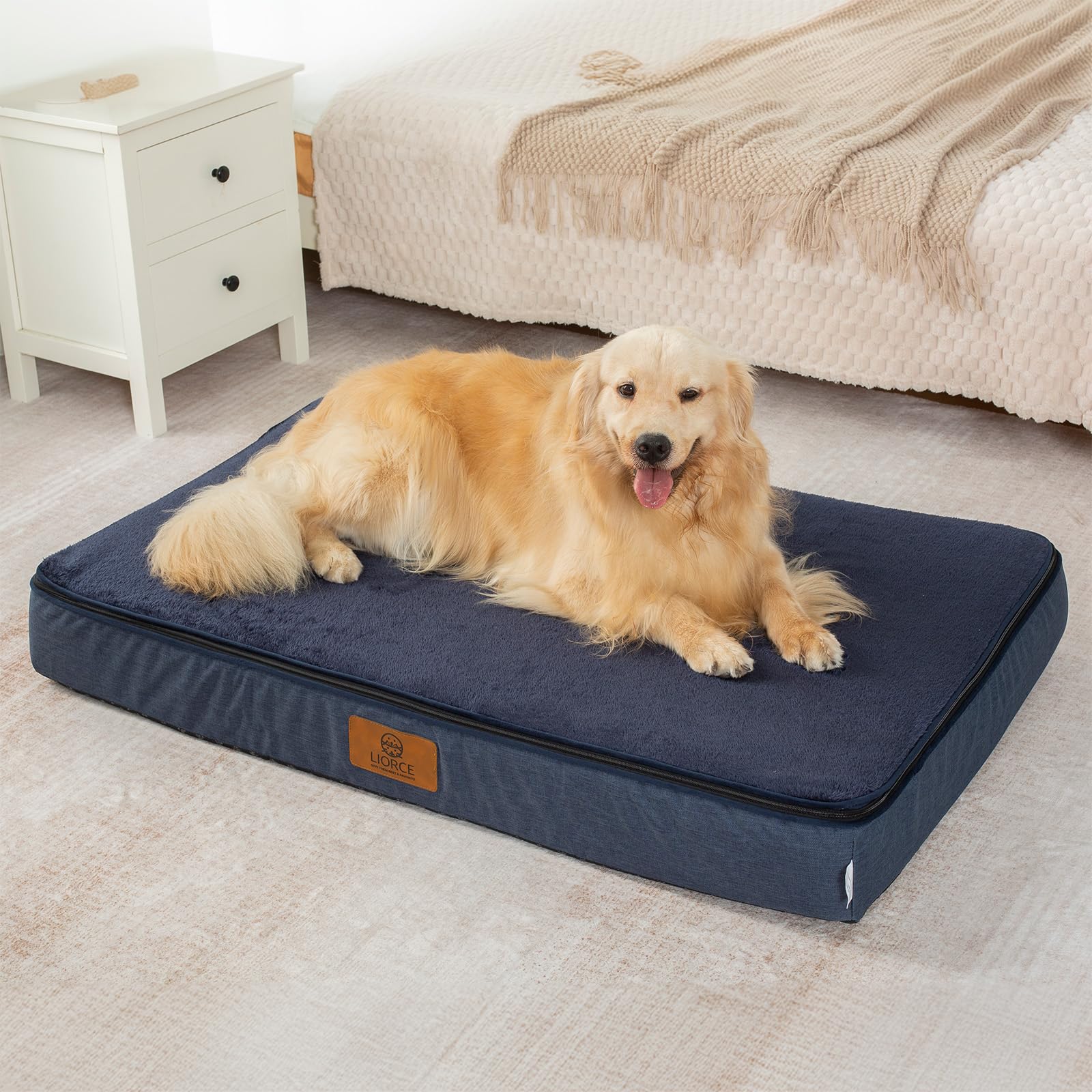 LIORCE orthopedic memory foam bed top view shows 6-inch depth for large dogs