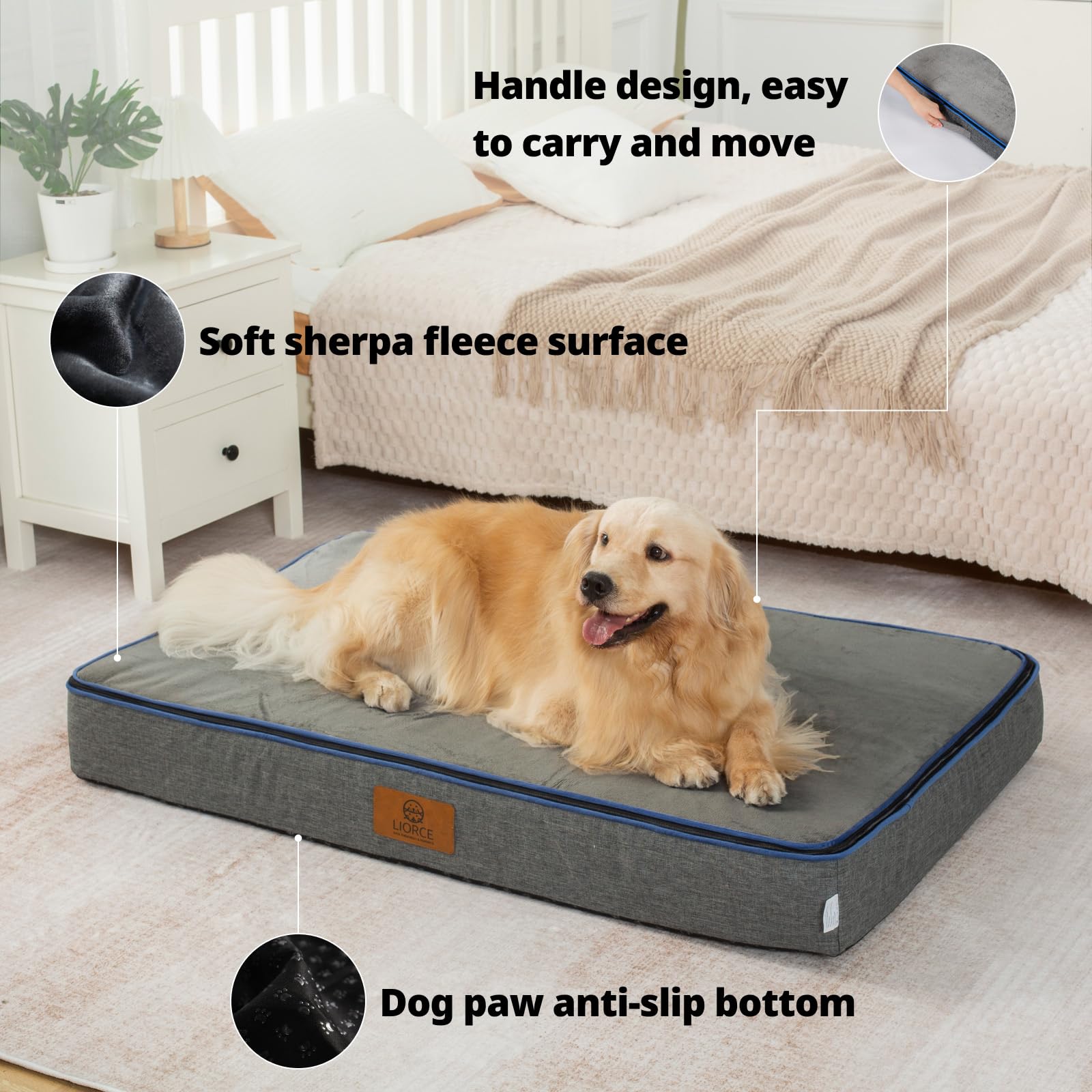 LIORCE orthopedic memory foam XXL dog bed in crate; crate-compatible and versatile