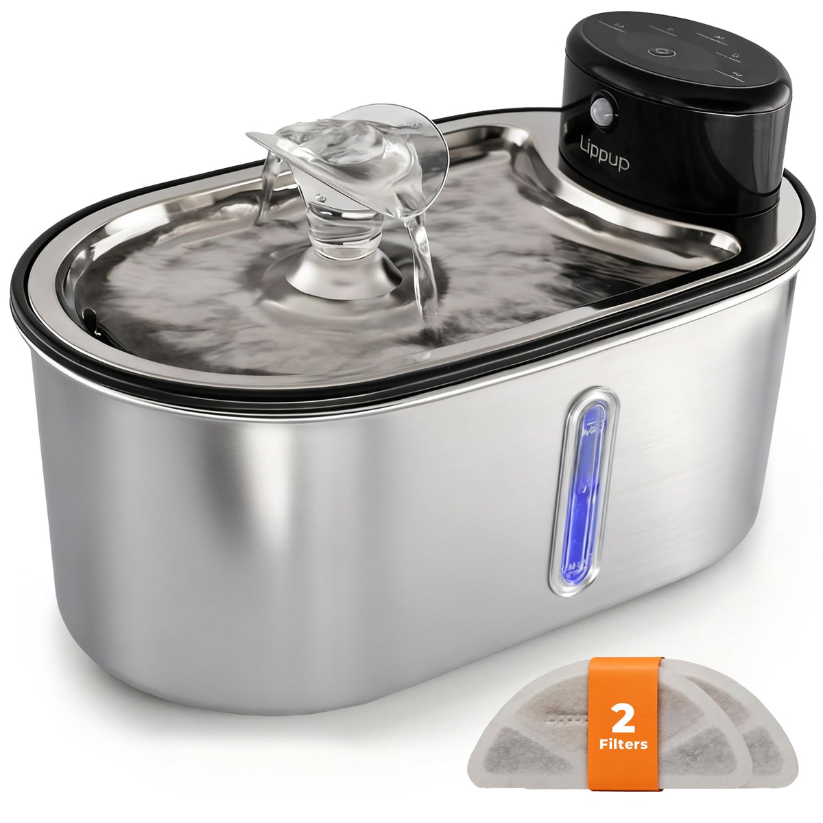 LIPPUP wireless cat water fountain side view showing large 108oz capacity for ongoing hydration.