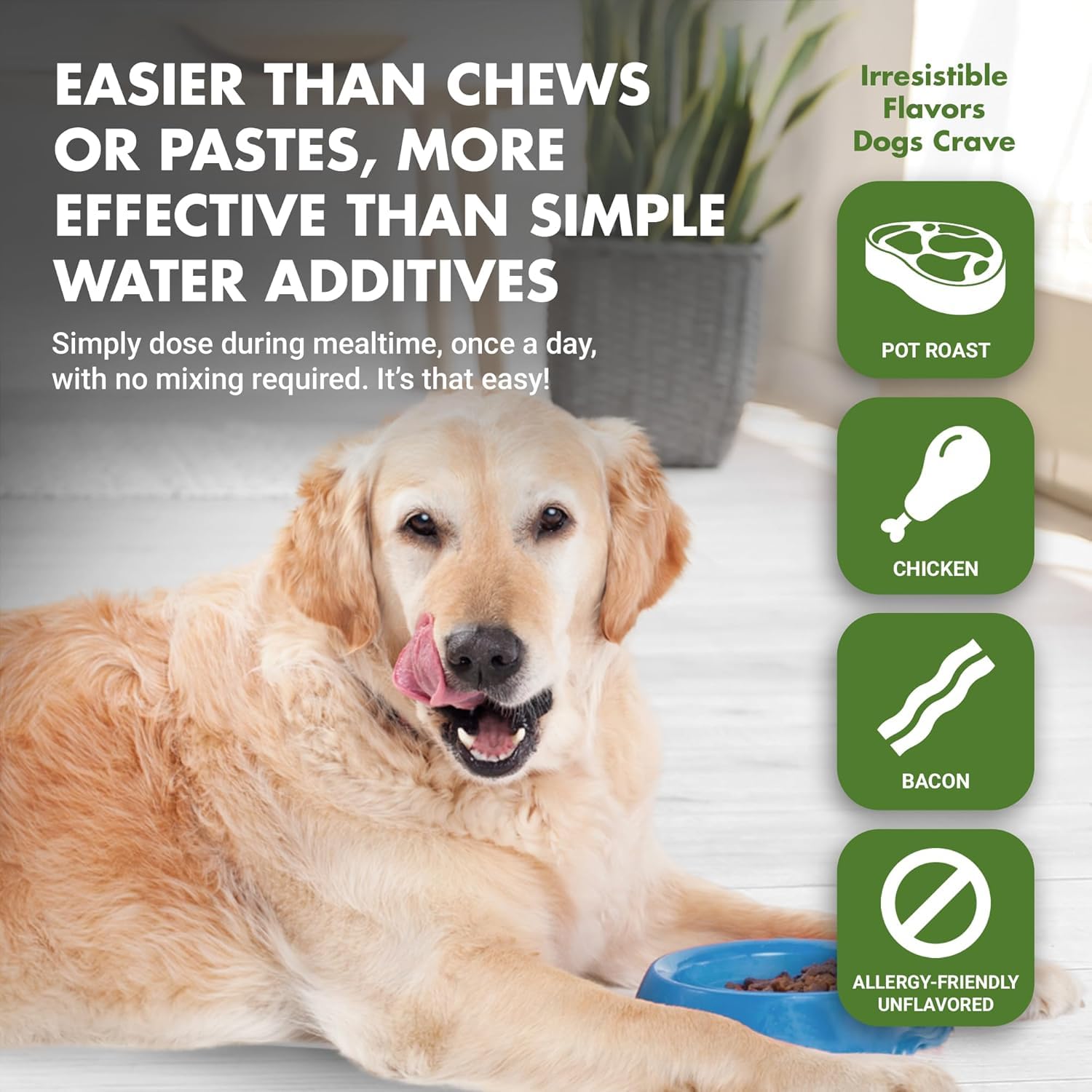 LIQUID-VET K9 Hip & Joint dog meal scene with liquid supplement being added