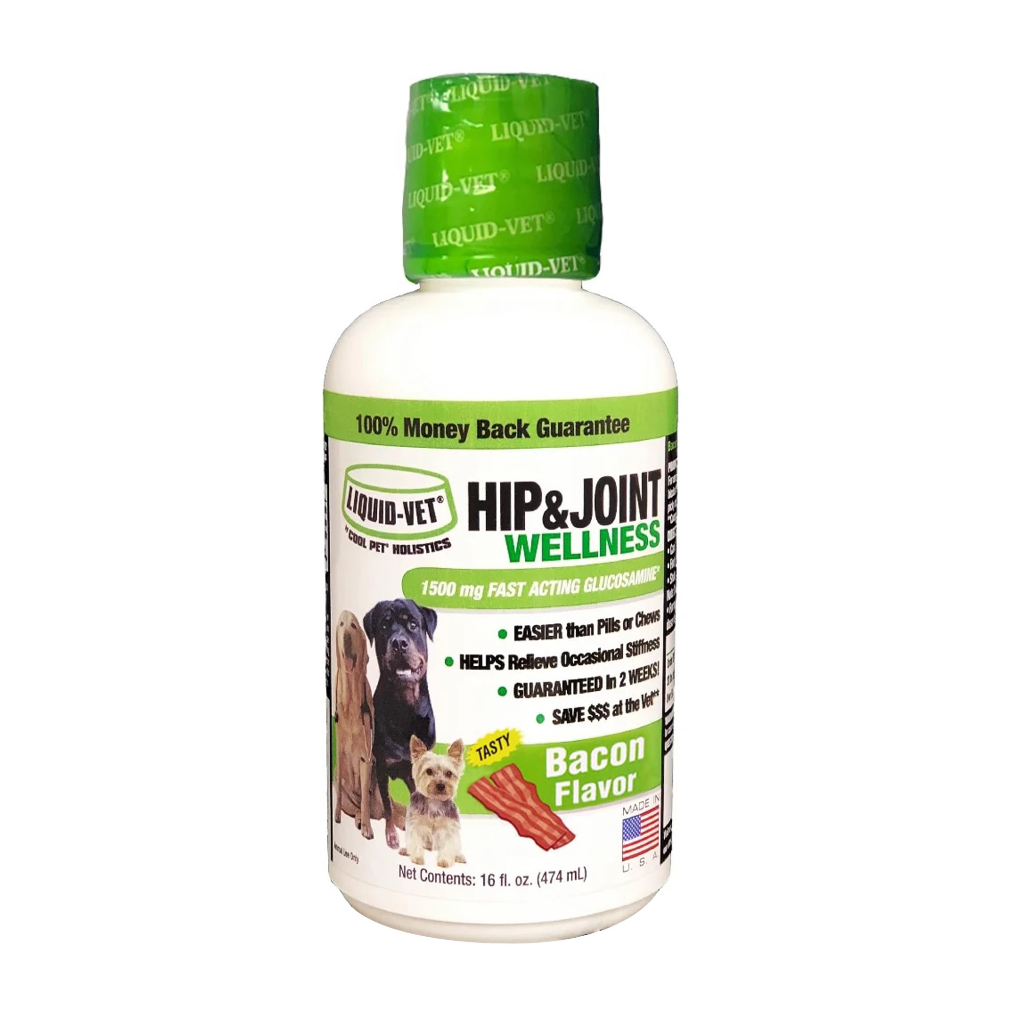 LIQUID-VET K9 Hip & Joint Formula bacon flavor bottle supports daily joint comfort for dogs.