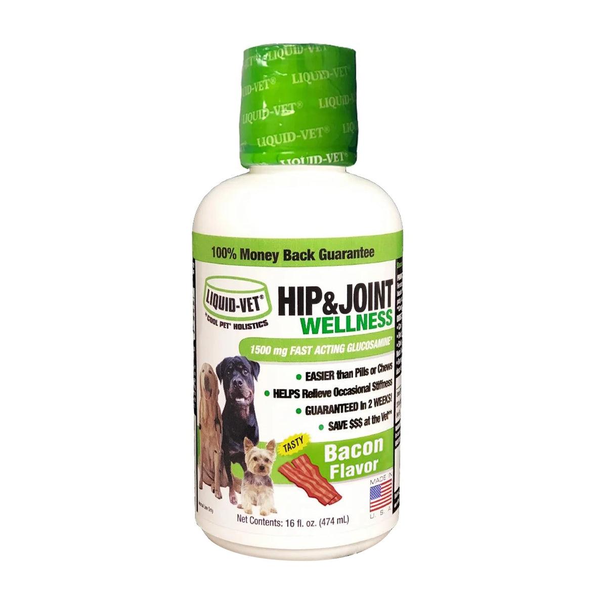 LIQUID-VET K9 Hip & Joint Formula bacon flavor bottle supports daily joint comfort for dogs.