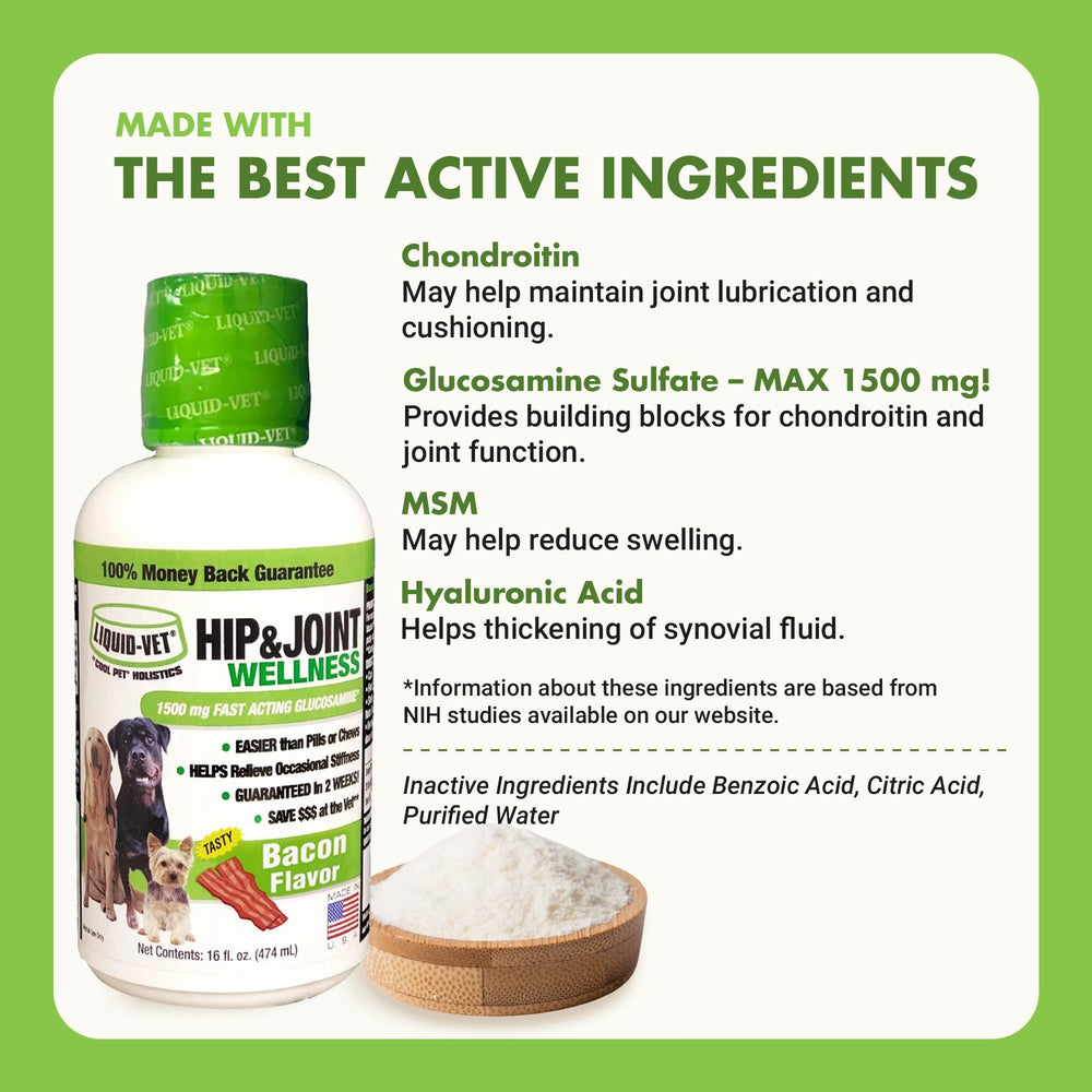 LIQUID-VET K9 Hip & Joint Formula bacon flavor dog eating shows palatable dosing.