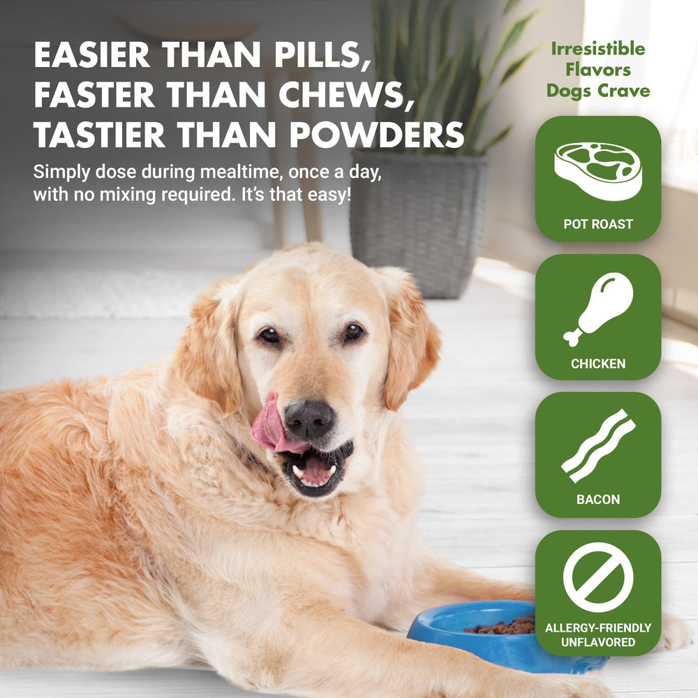 LiquidVet K9 Hip and Joint Wellness all-ingredients visual highlights glucosamine, MSM, chondroitin, and hyaluronic acid.