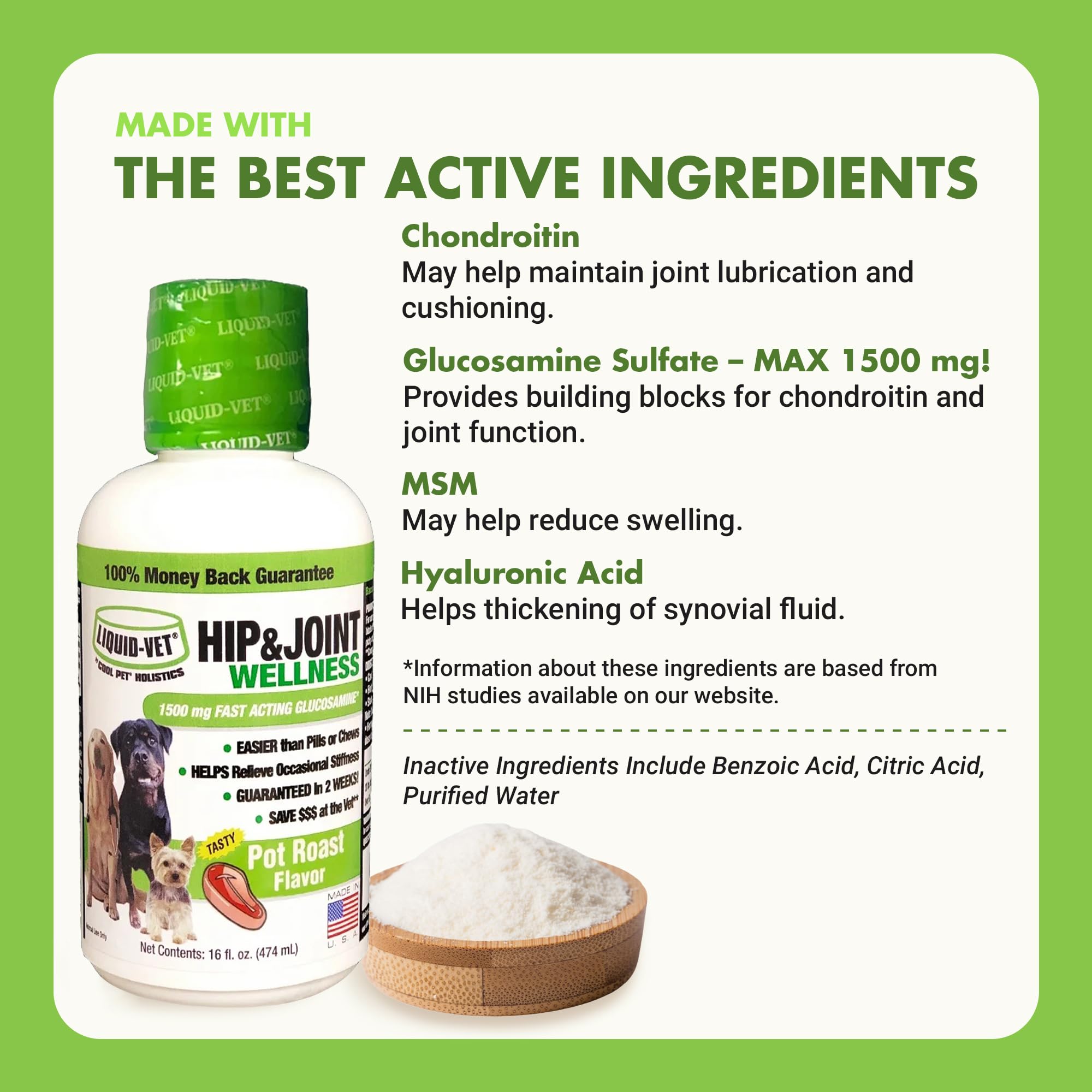 LiquidVet K9 Hip and Joint Wellness bacon flavor pour signals tasty, easy-to-consume support for older dogs.
