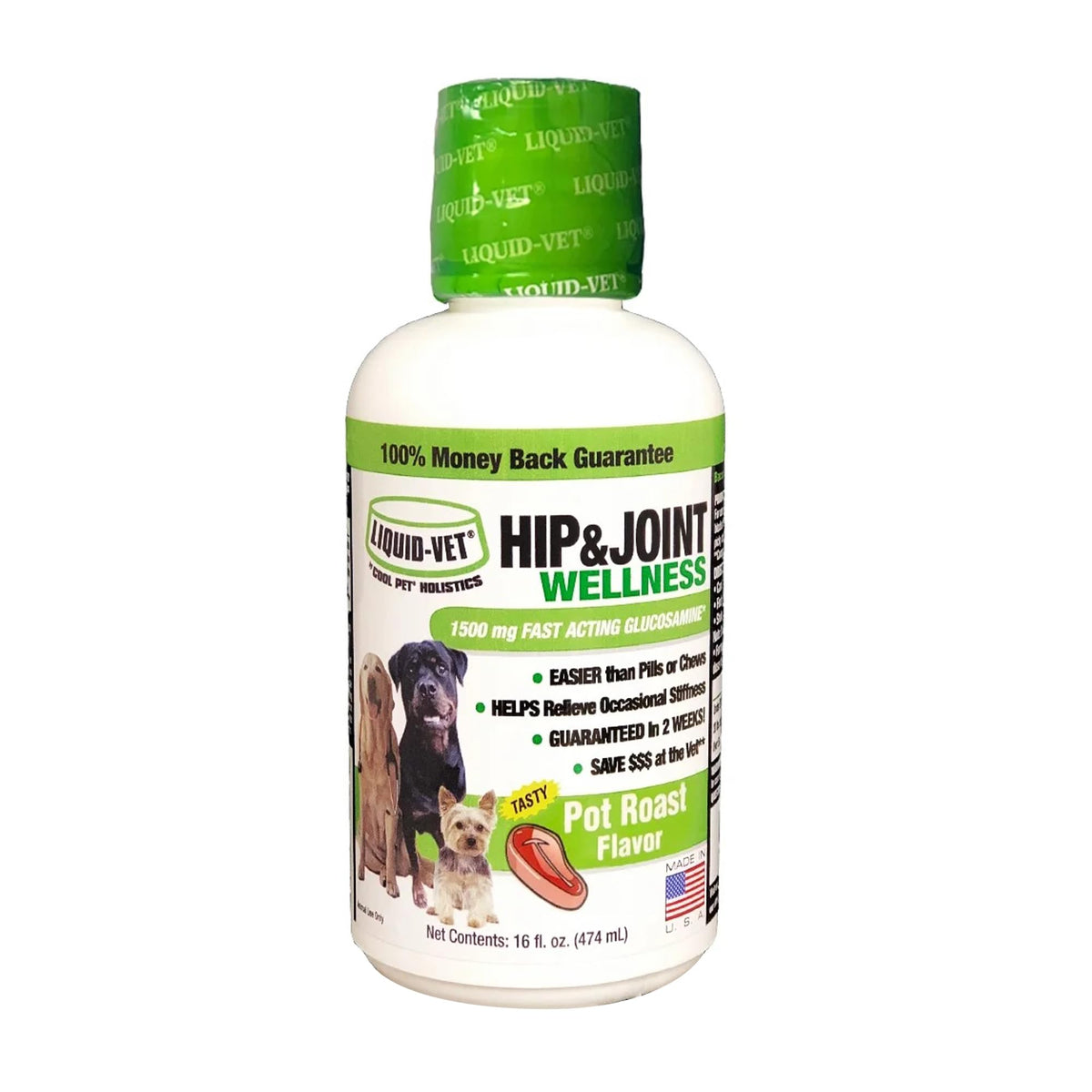 LiquidVet K9 Hip and Joint Wellness pot roast bottle front for easy daily joint support.