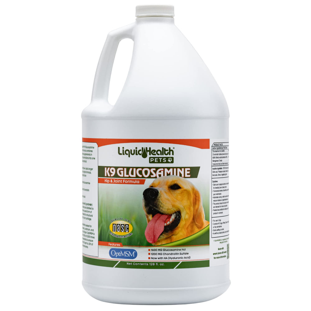 LIQUIDHEALTH 128oz K9 Glucosamine bottle close-up for joint support.