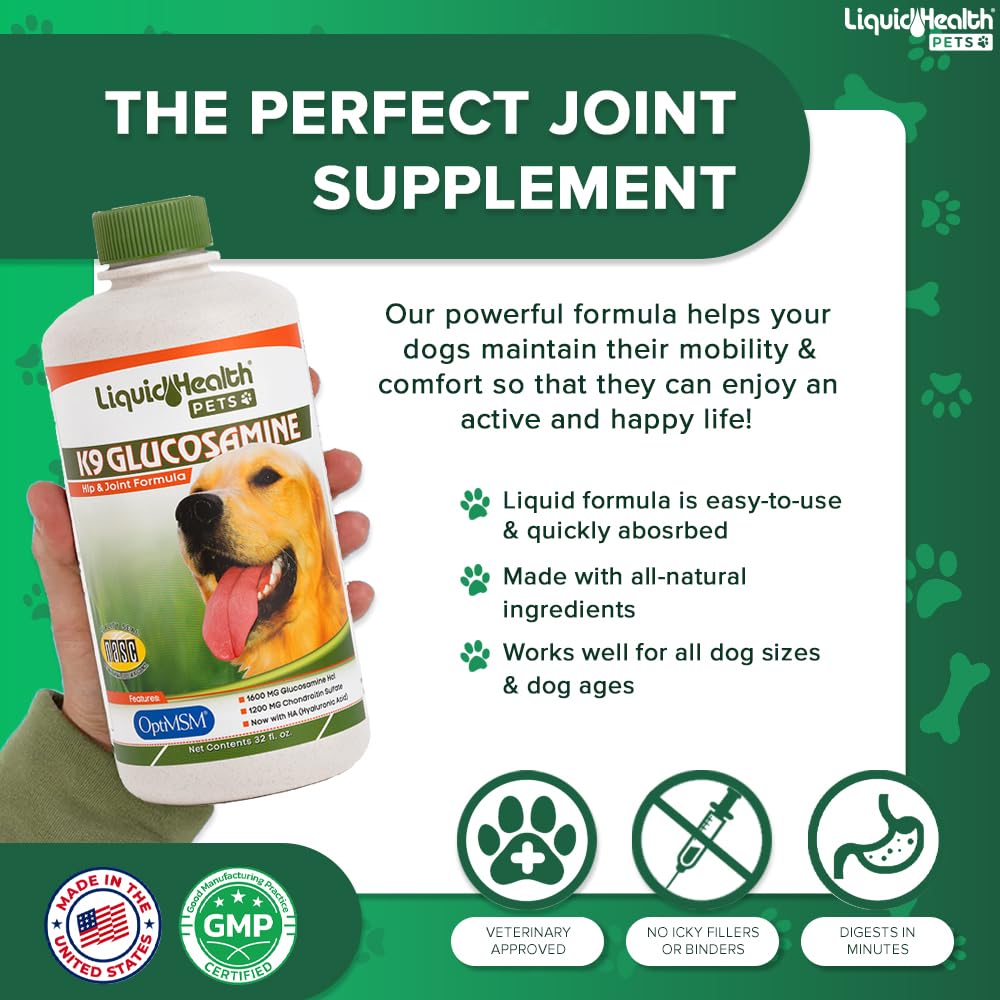 LIQUIDHEALTH K9 Glucosamine label highlighting chondroitin and MSM benefits.