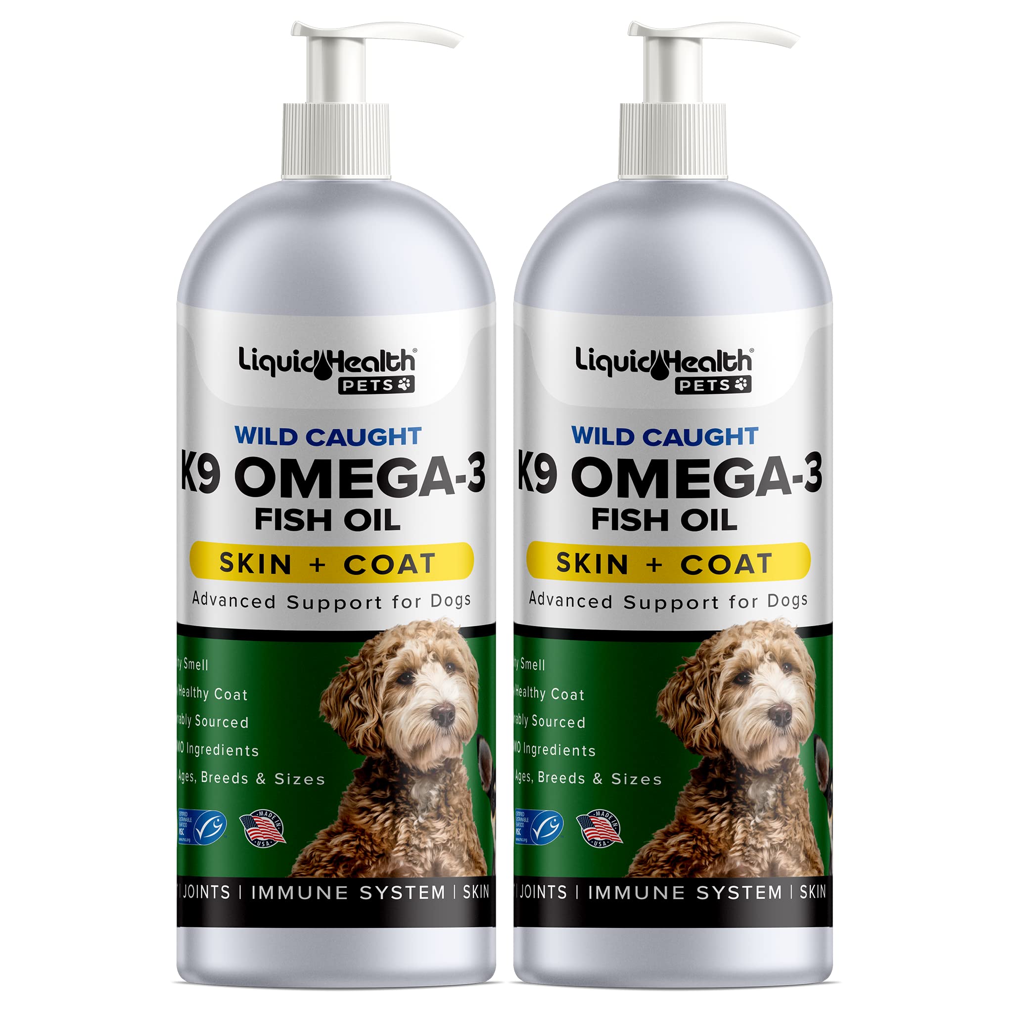 LIQUIDHEALTH K9 Omega 3 Fish Oil bottle pour supports heart health and easy dosing.