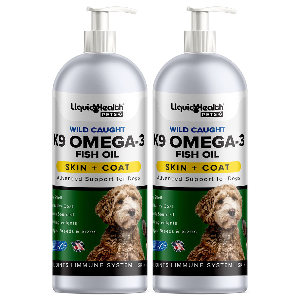 LIQUIDHEALTH K9 Omega 3 Fish Oil bottle pour supports heart health and easy dosing.