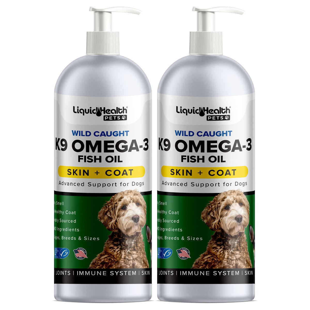 LIQUIDHEALTH K9 Omega 3 Fish Oil bottle pour supports heart health and easy dosing.