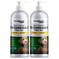 LIQUIDHEALTH K9 Omega 3 Fish Oil bottle pour supports heart health and easy dosing.