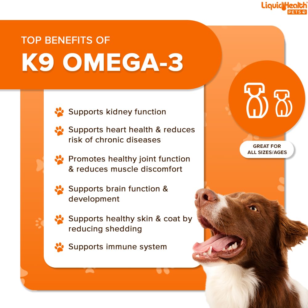 LIQUIDHEALTH K9 Omega 3 bottle highlights joint support for active dogs.