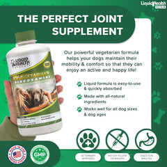 LIQUIDHEALTH K9 Vegetarian Glucosamine ingredients label highlighting omega-3 and hyaluronic acid.