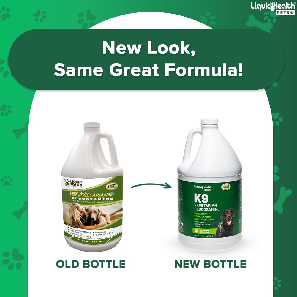 LIQUIDHEALTH K9 Vegetarian Glucosamine pouring liquid for quick joint relief.