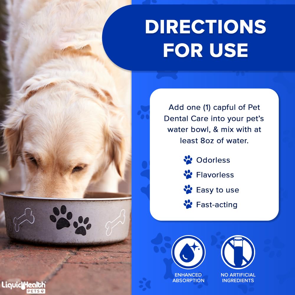 LIQUIDHEALTH Pet Dental Care Water Additive bowl setup shows mess-free dental care.