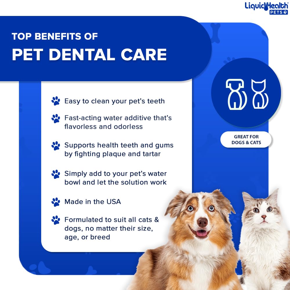 LIQUIDHEALTH Pet Dental Care Water Additive being poured into a pet water bowl.