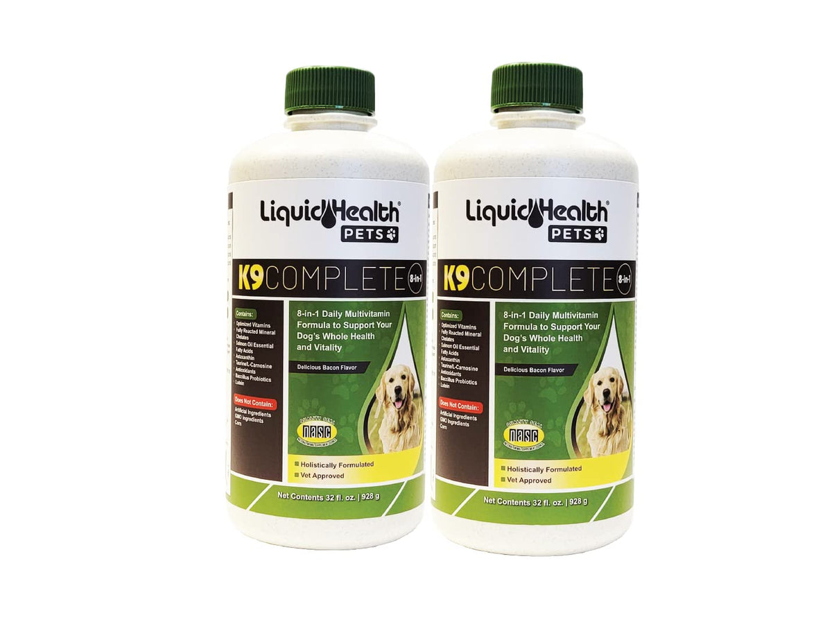 LIQUIDHEALTH K9 Complete bottle closeup supports daily canine wellness.