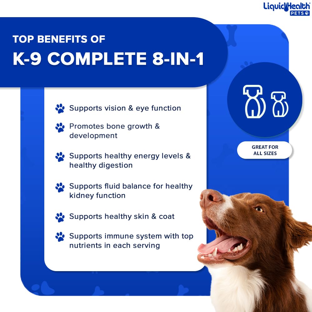 LIQUIDHEALTH K9 Complete dosing spoon shows simple administration for dogs.