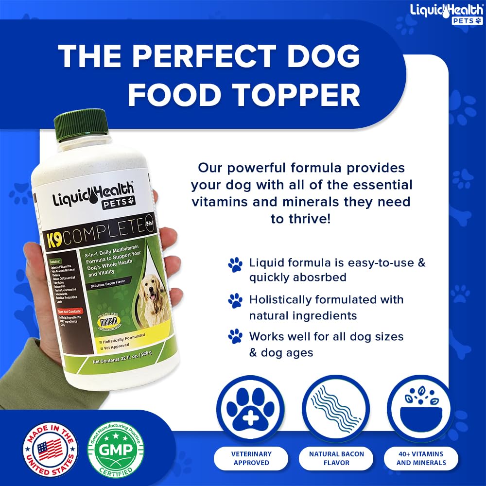 LIQUIDHEALTH K9 Complete label closeup highlights natural ingredients and NASC approval.