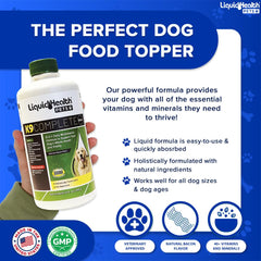 LIQUIDHEALTH K9 Complete label closeup highlights natural ingredients and NASC approval.