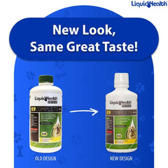LIQUIDHEALTH K9 Complete liquid being poured for easy dosing and daily nutrition.