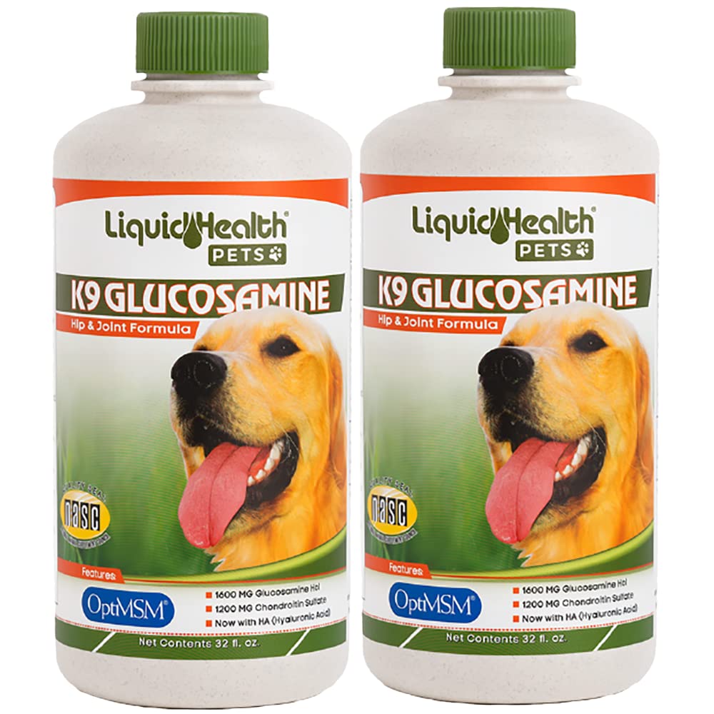 LIQUIDHEALTH Pets K9 glucosamine bottle label highlights high-potency joint support for dogs