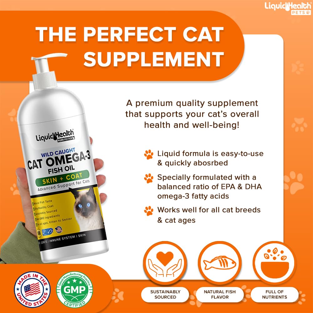 LIQUIDHEALTH Omega 3 drops being poured show easy supplementation for cats' joint comfort.