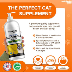 LIQUIDHEALTH Omega 3 drops being poured show easy supplementation for cats' joint comfort.