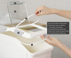 LISM dog food storage with hidden wheels for effortless rearranging in pantry.