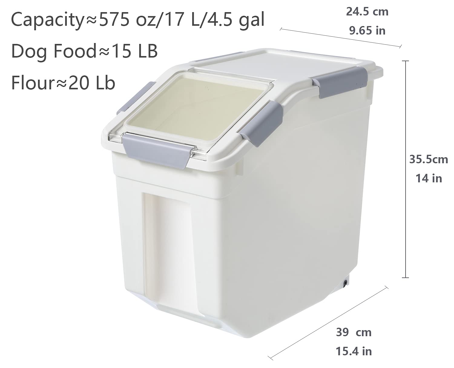 LISM measuring cups included with dog food bin for portions.