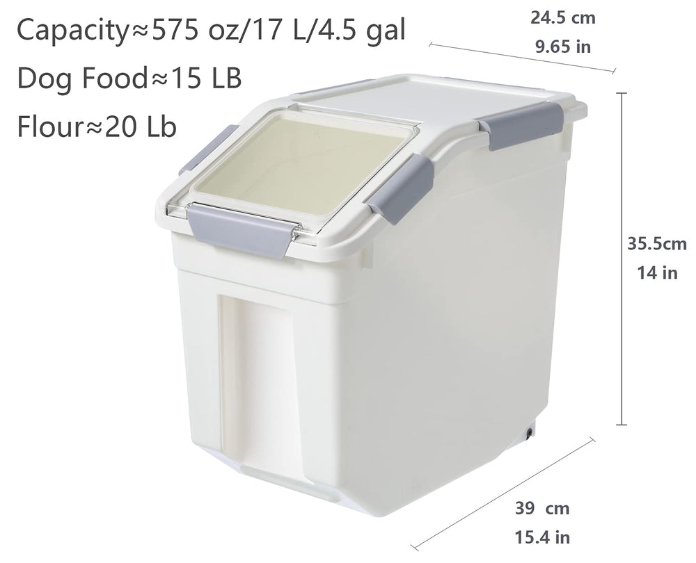 LISM measuring cups included with dog food bin for portions.