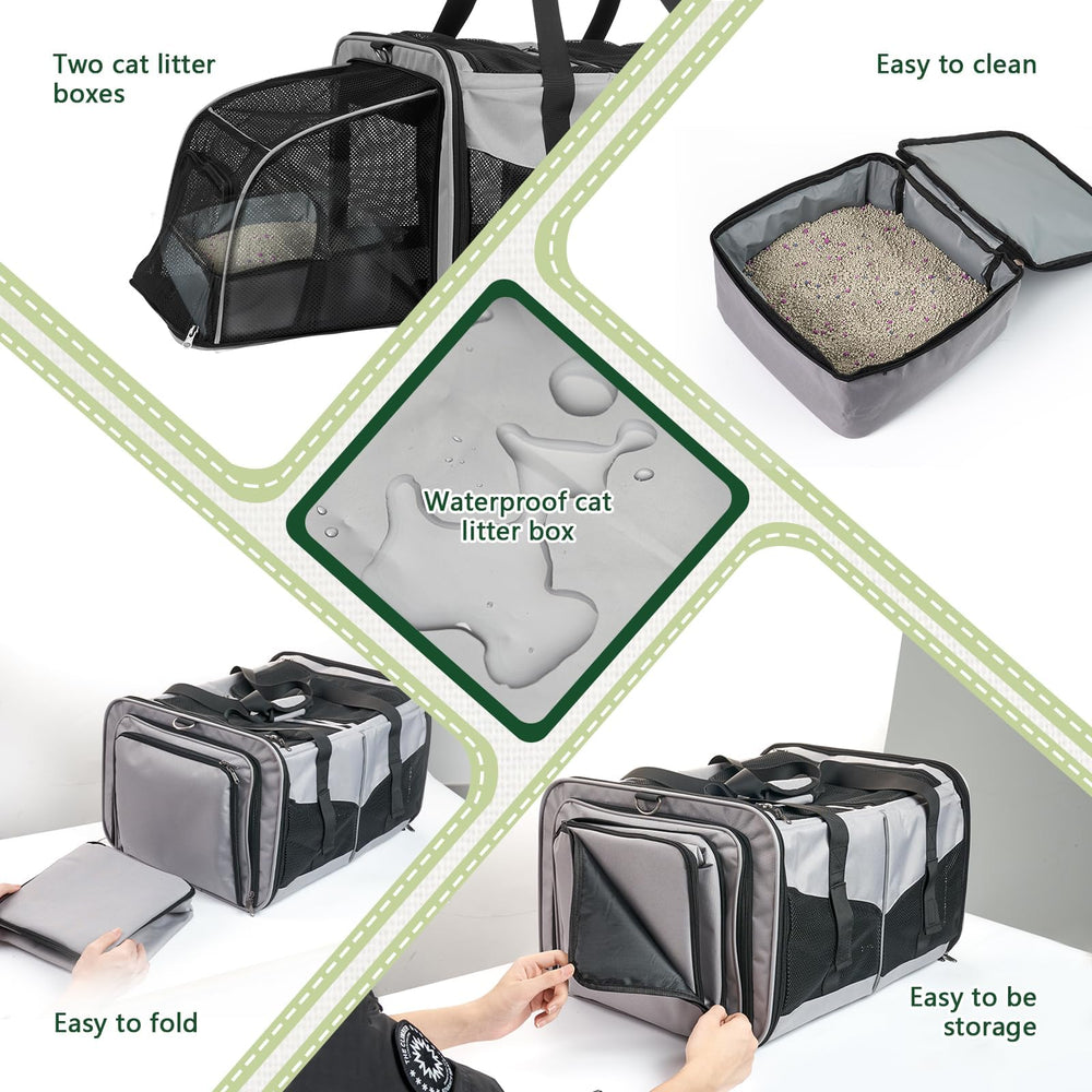 LitaiL cat travel carrier side openings for quick entry and litter tray access.