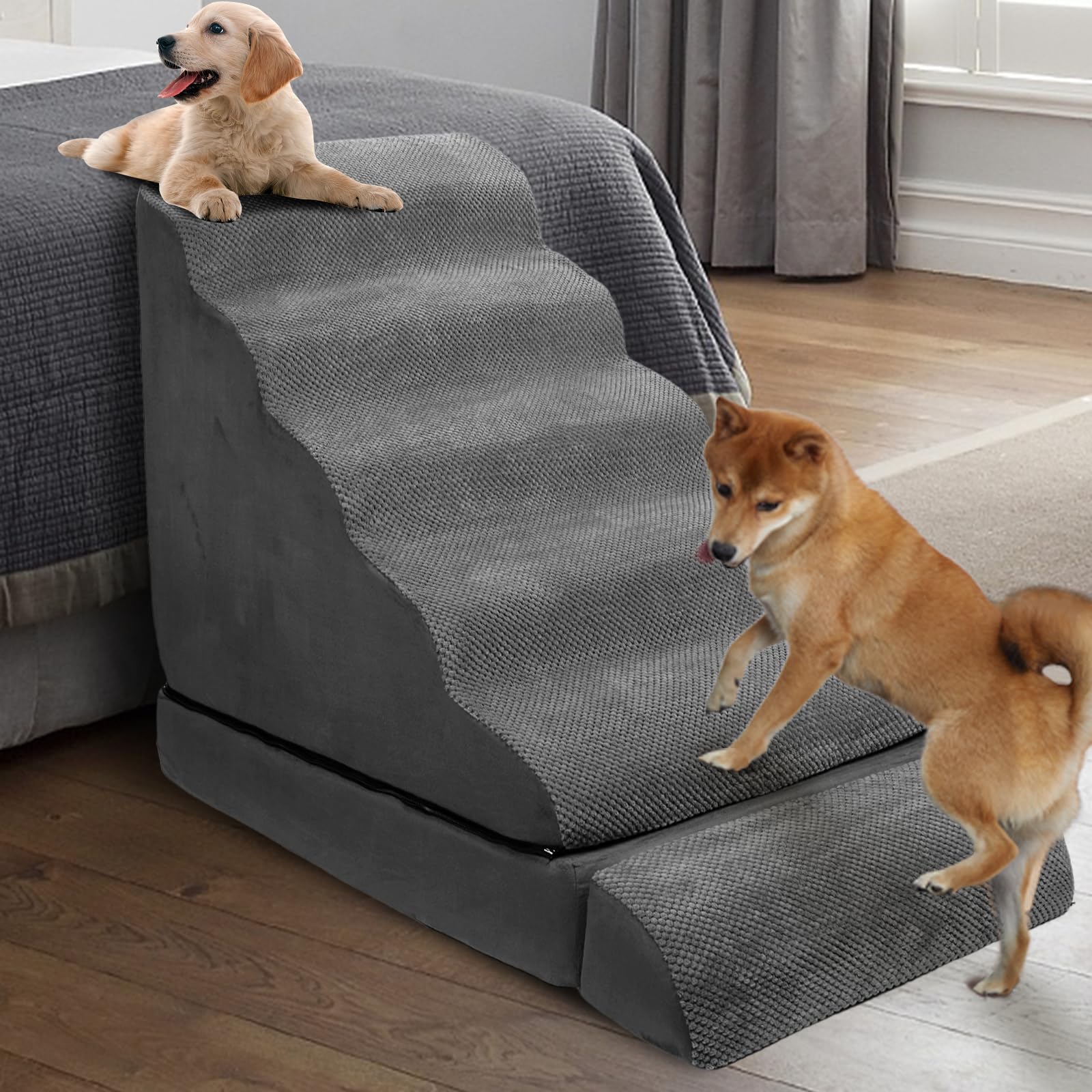 LitaiL dog stairs six-tier setup demonstrates versatile high-bed access for small dogs.