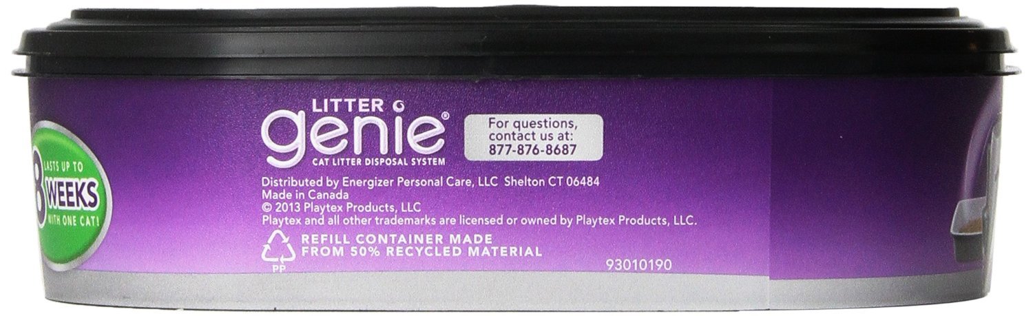 Litter Genie Refill 3 Pack cartridge image indicating cartridge lasts up to two months per cat